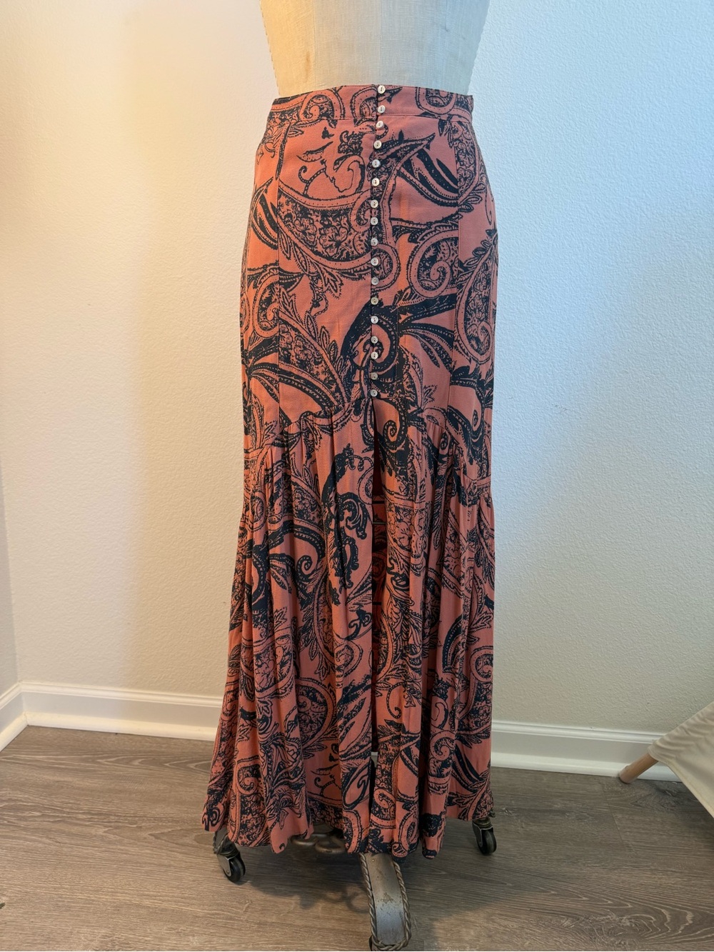 Free People Paisley Maxi Skirt Rust Black Size 4 Boho